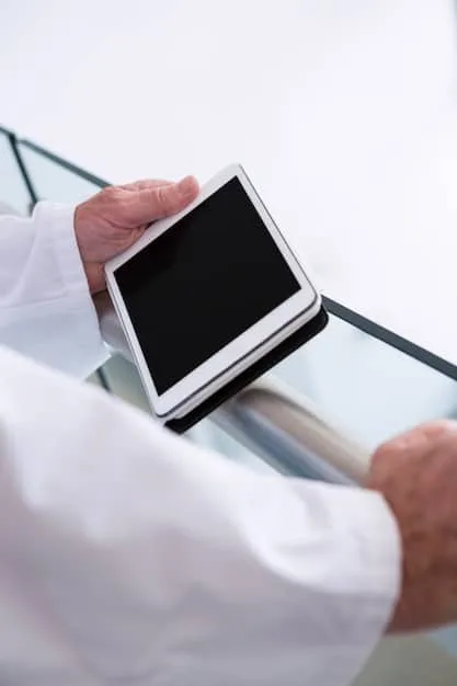 A close-up shot of a doctor's hands using a touchscreen interface displaying an AI-enhanced diagnostic image. The interface highlights areas of interest identified by the AI, with clear annotations explaining potential anomalies.