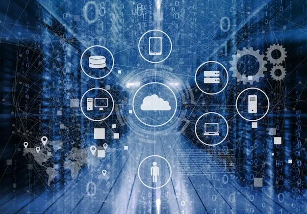 A visualization of data flowing from several IoT devices to a central cloud data warehouse, while also processing data on edge servers in different US locations. The image highlights bandwidth optimization techniques such as data compression and edge computing.