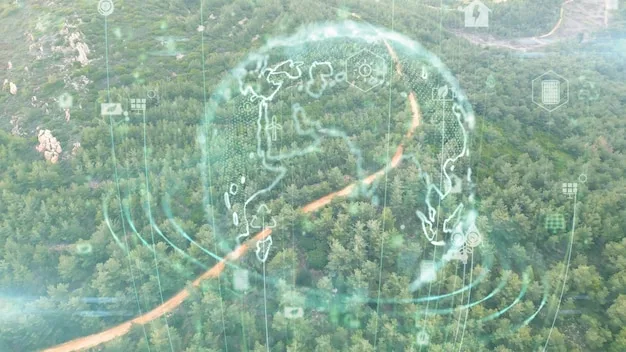 A graphic representation of AI algorithms analyzing satellite imagery to detect deforestation patterns in a US national forest. The image shows areas of forest loss highlighted in red, with AI-generated annotations indicating the causes of deforestation.