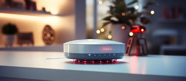 A centrally located Wi-Fi router placed on a high shelf in a modern living room, with no obstructions around it, showing optimal placement for wireless signal distribution.