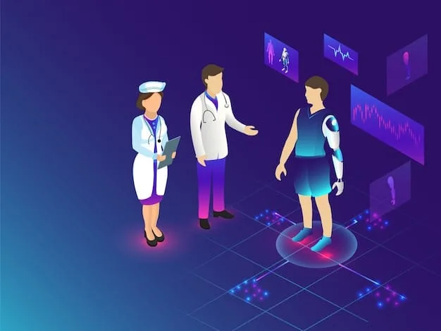 A futuristic depiction of a doctor interacting with a holographic AI interface, reviewing patient data and simulating drug interactions. The scene should emphasize the integration of AI in clinical decision-making, with data visualizations and molecular structures floating in the air. The color scheme should be modern and technological, with blues, greens, and whites dominating.