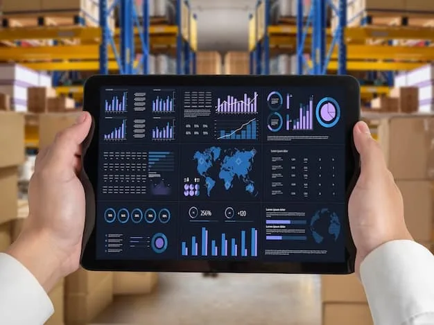 A graphical representation of an AI-powered supply chain dashboard, showcasing real-time data analysis, predictive forecasts, and optimized routing suggestions. The dashboard includes charts, graphs, and maps.