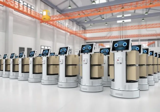 A photo of an AI-powered robot sorting packages in a warehouse. The robot is equipped with sensors and cameras, and the warehouse environment is clean and well-organized.