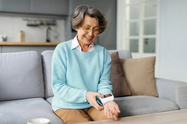 A patient at home wearing a smartwatch that is wirelessly transmitting health data to a doctor's computer in a remote location. The scene emphasizes the ease and convenience of remote patient monitoring.