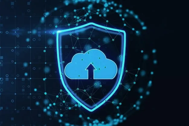 A stylized digital illustration of a shield protecting a network of interconnected nodes in the cloud, representing data security and compliance.