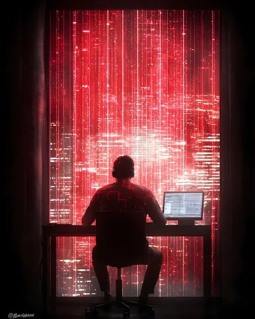 A person working at a computer with lines of code and security visualizations, symbolizing the human-AI collaboration in cybersecurity.