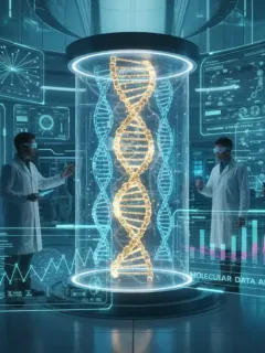 Futuristic lab with DNA helix and holographic data, symbolizing advanced DNA storage applications and data efficiency