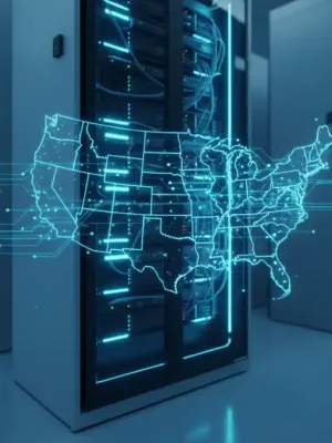 Futuristic edge computing data center in the US, depicting fast real-time data processing