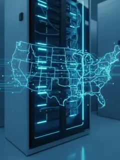 Futuristic edge computing data center in the US, depicting fast real-time data processing