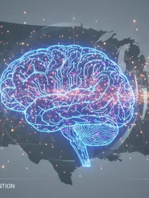 AI brain analyzing network data for anomalies, symbolizing reduced breach costs in the US