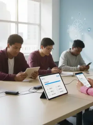 Students using English testing apps on tablets for exam preparation in a modern classroom setting.