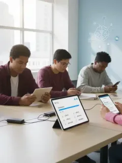 Students using English testing apps on tablets for exam preparation in a modern classroom setting.
