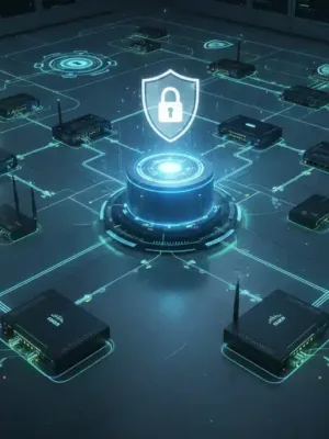 Secure enterprise network infrastructure with glowing Cisco devices and data flow
