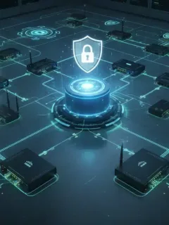 Secure enterprise network infrastructure with glowing Cisco devices and data flow