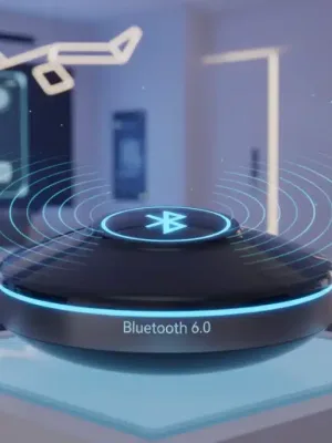 Modern IoT device with glowing Bluetooth 6.0 symbol, representing advanced wireless connectivity