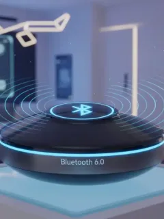 Modern IoT device with glowing Bluetooth 6.0 symbol, representing advanced wireless connectivity