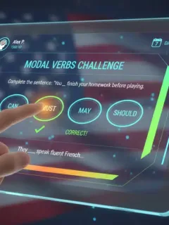 Interactive English app interface for mastering modal verbs in 7 days, US-focused