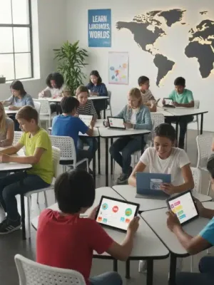 US students using language learning apps on devices in a classroom