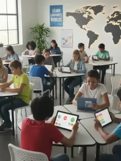 US students using language learning apps on devices in a classroom
