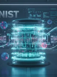 Futuristic quantum computer with glowing circuits and NIST logo