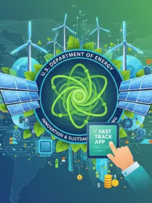 Illustration of US DoE logo with green tech hardware, symbolizing new grant opportunities for sustainable projects.
