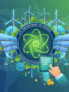 Illustration of US DoE logo with green tech hardware, symbolizing new grant opportunities for sustainable projects.