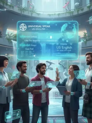Diverse individuals using a futuristic app to blend global languages with US English.