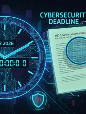 Clock ticking towards Q2 2026 SEC cyber reporting deadlines with audit checklist and cybersecurity icons.