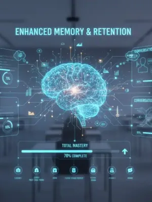 Futuristic app interface boosting English retention with AI