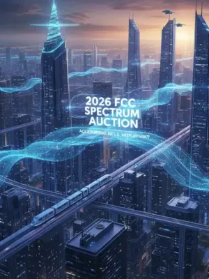 Futuristic city skyline with glowing 5G network connections, representing the impact of the 2026 FCC Spectrum Auction on US carrier strategies.