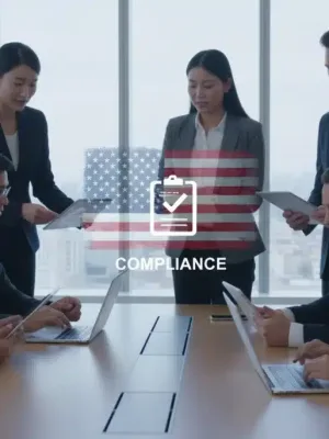 Business professionals comparing translation app features on devices for US English Only compliance