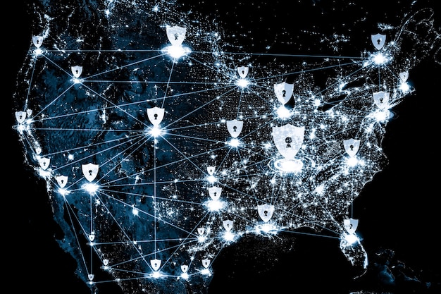 A network diagram illustrating various types of cyber threats (ransomware, phishing, DDoS) targeting different sectors of critical infrastructure (power grid, water supply, communication networks). Each threat is represented by a unique icon, and lines connect them to their respective targets, highlighting vulnerabilities.