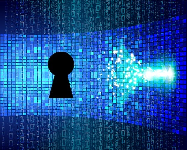 A graphic illustrating the concept of data encryption, showing data being transformed into unreadable code with a key unlocking it.