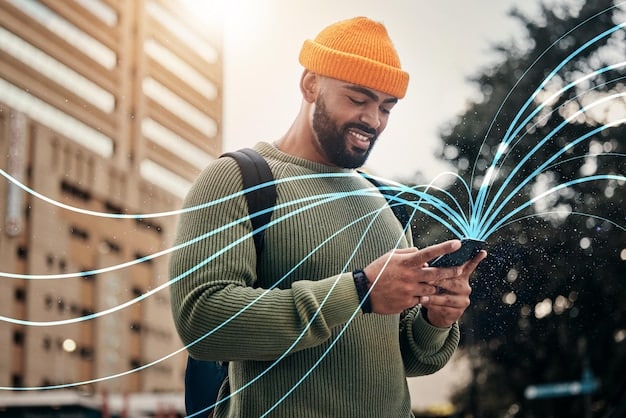 An image depicting a person using a smartphone while connected to a public Wi-Fi network in a coffee shop. Overlaid on the phone is a visual graphic representing compromised data. The visual highlights the dangers of unsecured Wi-Fi connections when assessing mobile device security.