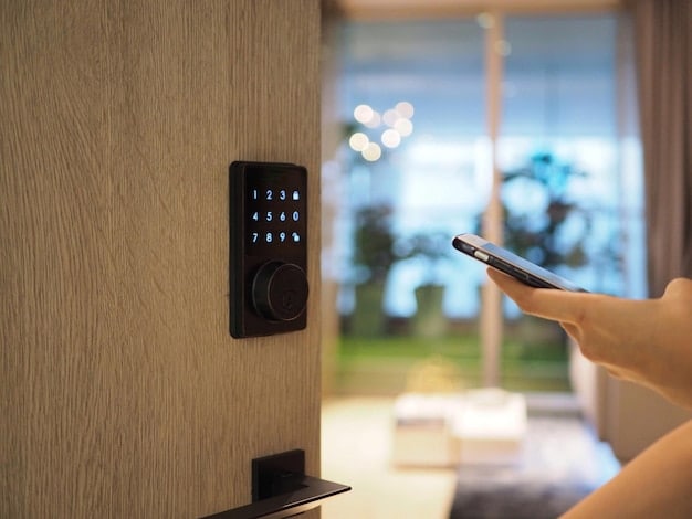 A close-up of a smart home device (e.g., a smart lock) being remotely hacked, with visible code manipulation and unauthorized access indicators on a laptop screen.