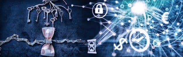 A graphic showing a padlock over a digital network, with lines of code flowing through it. The padlock symbolizes secure data, and the network represents interconnected systems.