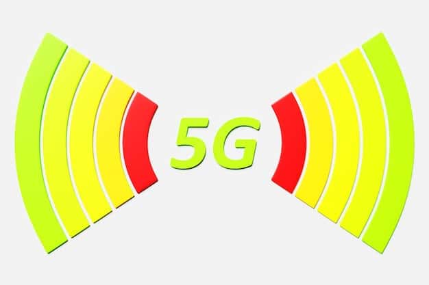 A diagram illustrating the signal propagation of mmWave 5G, showing its limited range and susceptibility to blockage by buildings and trees. The image should clearly depict the need for dense infrastructure deployment.