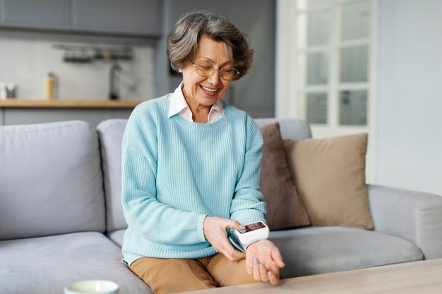 A patient at home wearing a smartwatch that is wirelessly transmitting health data to a doctor's computer in a remote location. The scene emphasizes the ease and convenience of remote patient monitoring.