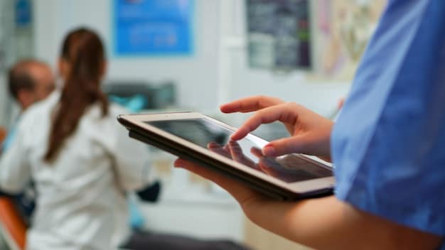 A network of connected medical devices in a hospital, with doctors and nurses using tablets and monitoring screens to track patient data in real time. The atmosphere is efficient and technologically advanced.