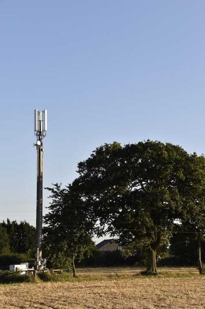 An outdoor shot of a telecom technician installing a wireless backhaul unit on a cell tower in a rural area, emphasizing the ease of deployment in remote locations for 5G.