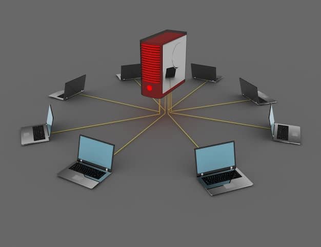 A graphic illustrating a network diagram with a central router surrounded by various devices (laptop, smartphone, smart TV). Data streams with insecure lock symbols flow between the devices and the router. Overlayed, a large red exclamation mark emphasizes the risk.