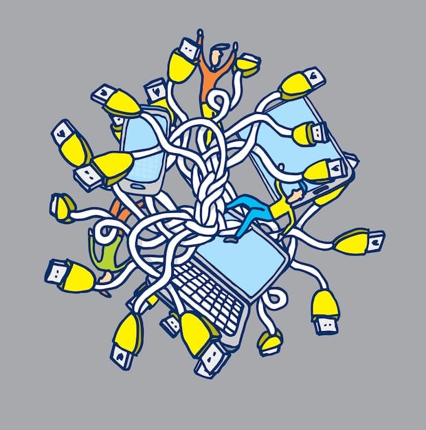 An illustration depicting a tangled network of cables and interconnected devices with a magnifying glass hovering over it, symbolizing the complexity and scrutiny involved in cloud networking compliance.