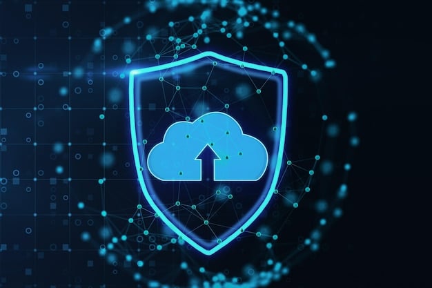 A stylized digital illustration of a shield protecting a network of interconnected nodes in the cloud, representing data security and compliance.