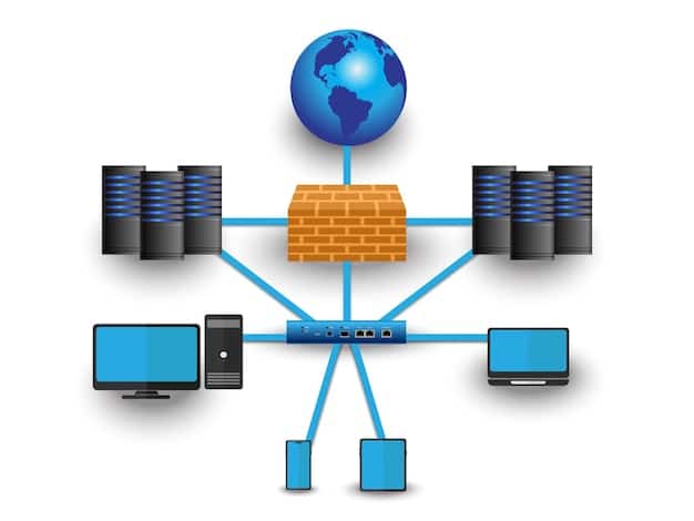 A diagram illustrating the key components of cloud networking, including virtual routers, firewalls, and load balancers. The diagram should be clean and modern, with clear labels and icons representing each element. Arrows indicate the flow of data between the components.
