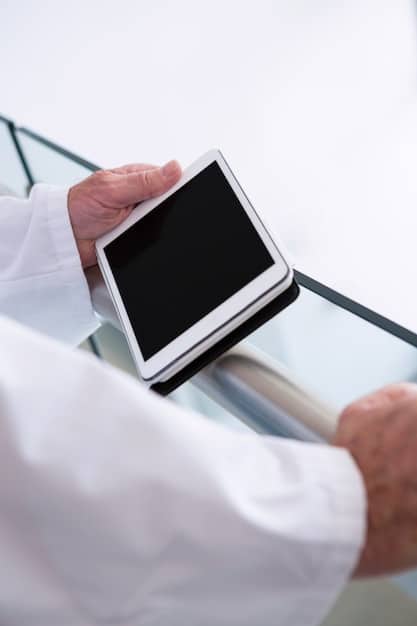 A close-up shot of a doctor's hands using a touchscreen interface displaying an AI-enhanced diagnostic image. The interface highlights areas of interest identified by the AI, with clear annotations explaining potential anomalies.
