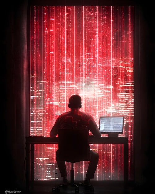 A person working at a computer with lines of code and security visualizations, symbolizing the human-AI collaboration in cybersecurity.