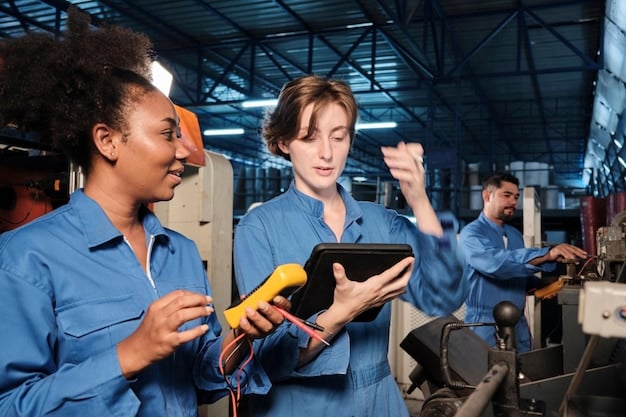 A group of factory workers collaborating on a maintenance task. The workers are using tablets to access data from the AI-powered predictive maintenance system.