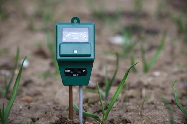 A close-up shot of a smart sensor embedded in the soil of a farm field. The sensor is wirelessly transmitting data to a handheld device, displaying real-time information about soil moisture, nutrient levels, and temperature. The background shows healthy crop growth, emphasizing the sensor's role in optimizing field conditions.