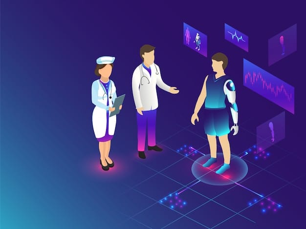 A futuristic depiction of a doctor interacting with a holographic AI interface, reviewing patient data and simulating drug interactions. The scene should emphasize the integration of AI in clinical decision-making, with data visualizations and molecular structures floating in the air. The color scheme should be modern and technological, with blues, greens, and whites dominating.