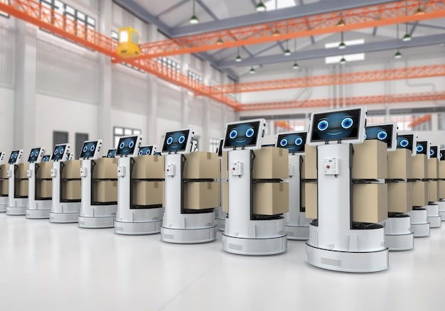 A photo of an AI-powered robot sorting packages in a warehouse. The robot is equipped with sensors and cameras, and the warehouse environment is clean and well-organized.